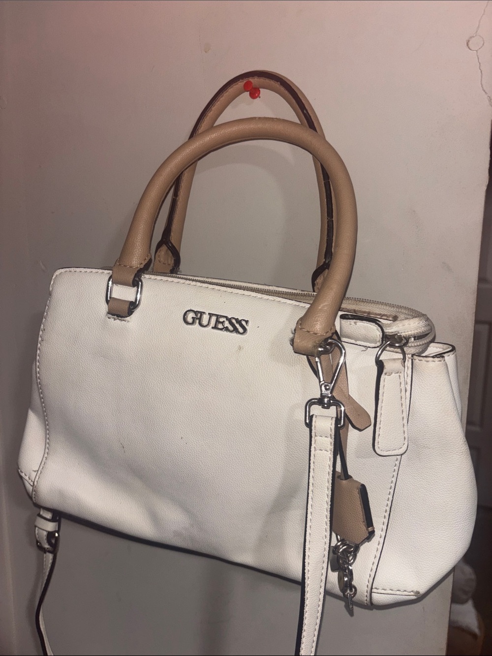 GUESS White and Tan Top-Handle Satchel with Detachable Strap